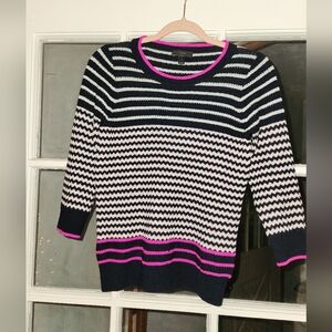 J. Crew 100% Merino Wool Navy and Pink Striped Zig Zag Sweater